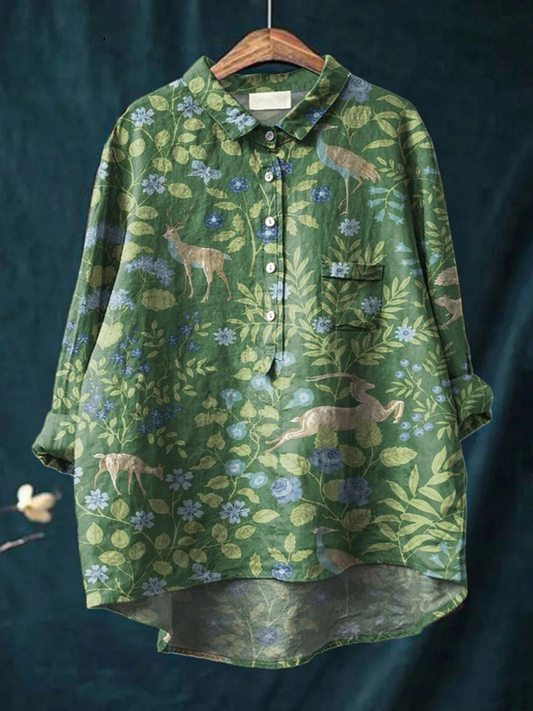 Georgia | Women's Vintage Floral Animals Art Print Casual Shirt
