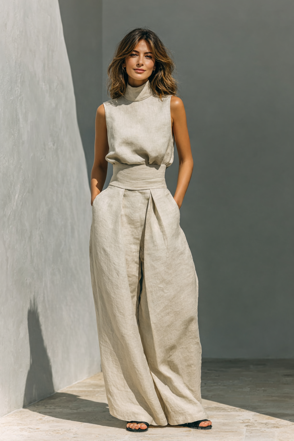 Maria - Complete with tank top and wide-leg pants in minimalist cotton and linen for women
