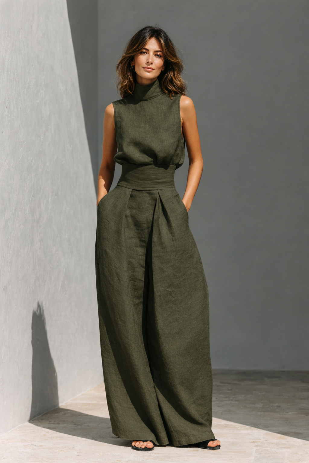 Maria - Complete with tank top and wide-leg pants in minimalist cotton and linen for women
