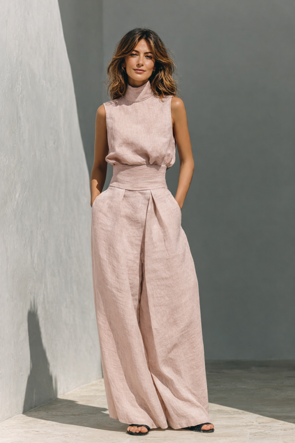 Maria - Complete with tank top and wide-leg pants in minimalist cotton and linen for women