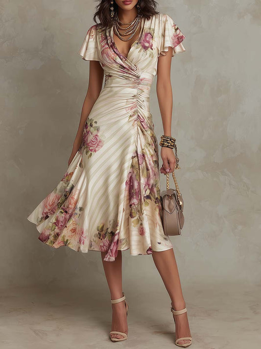 Luisa | Elegant retro floral satin midi dress