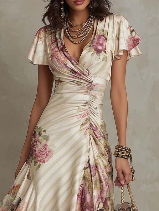 Luisa | Elegant retro floral satin midi dress