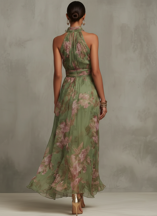 Serena™ | Long green dress with a floral print and a halter neck