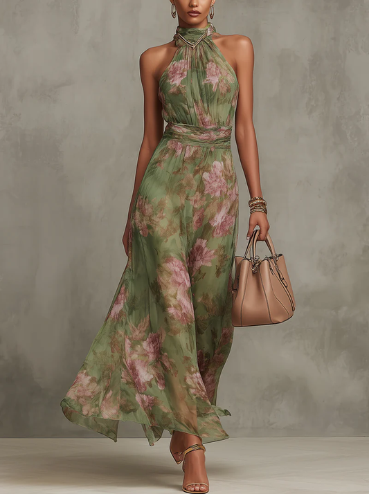 Serena™ | Long green dress with a floral print and a halter neck