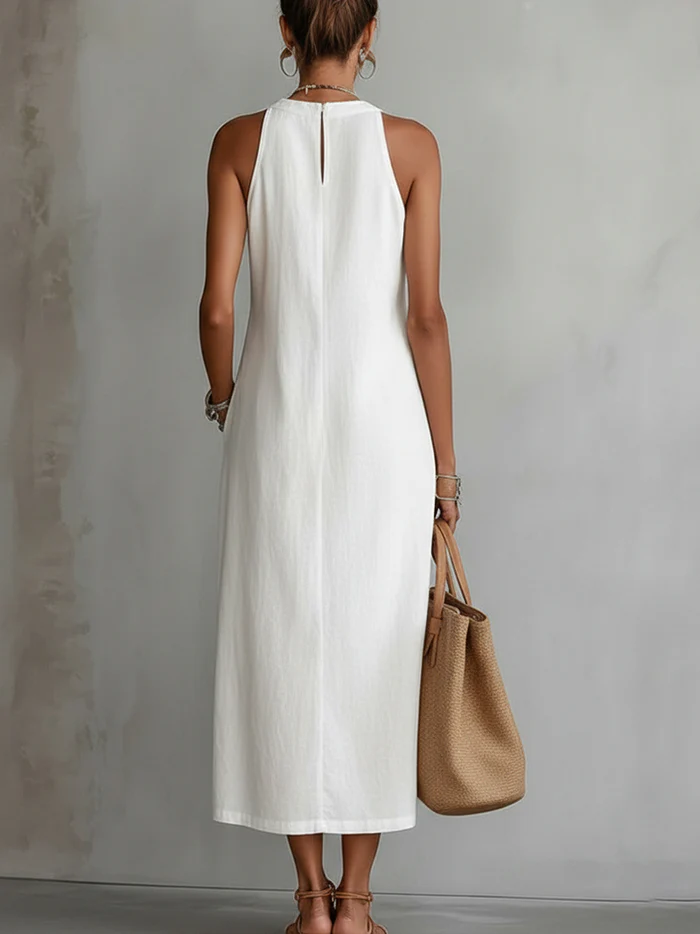 Niamh – Linen Midi Dress with Mandarin Collar