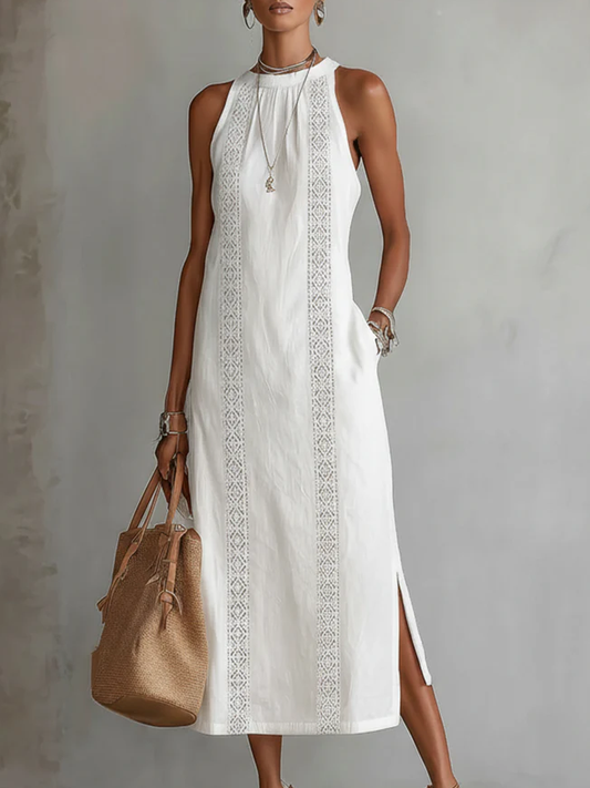Niamh – Linen Midi Dress with Mandarin Collar
