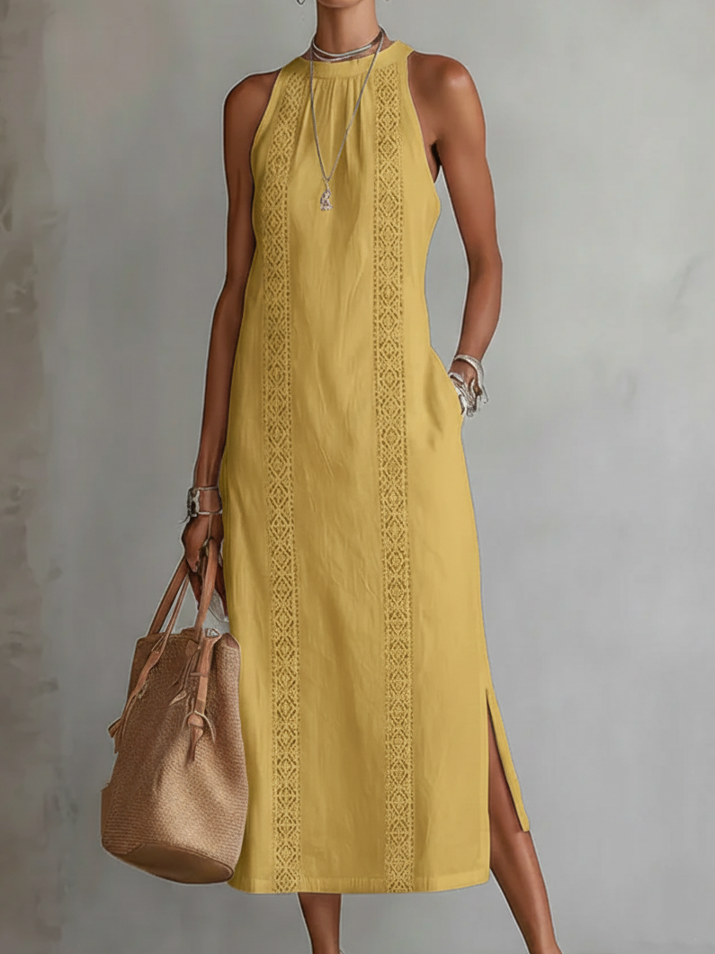 Niamh – Linen Midi Dress with Mandarin Collar